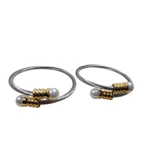 Mixed Metal Stackable Bracelets - Gold & Silver Tones with Pearl Accents - 2 pc